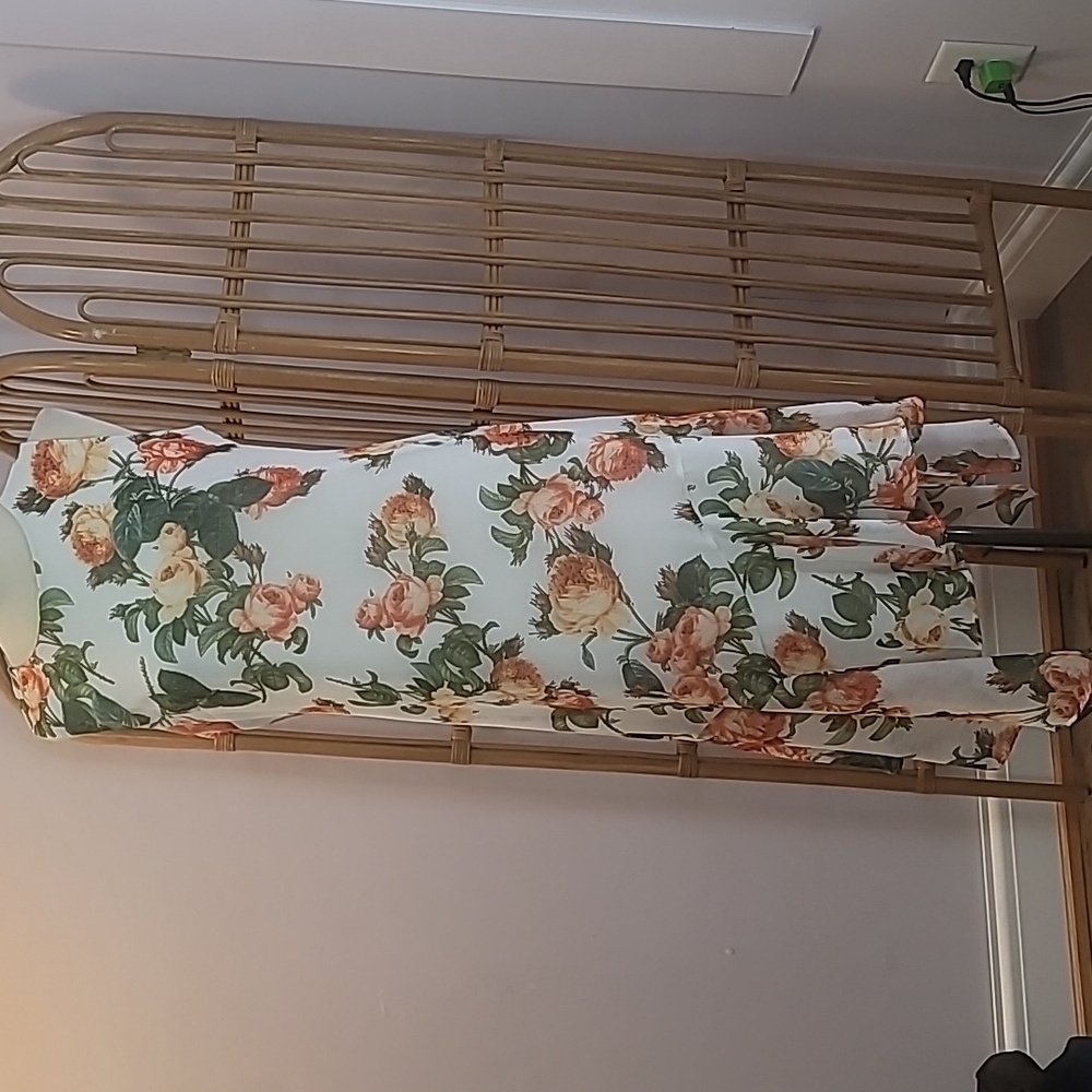 Calvin Klein floral tropical print dress asymmetrical white green orange cruise